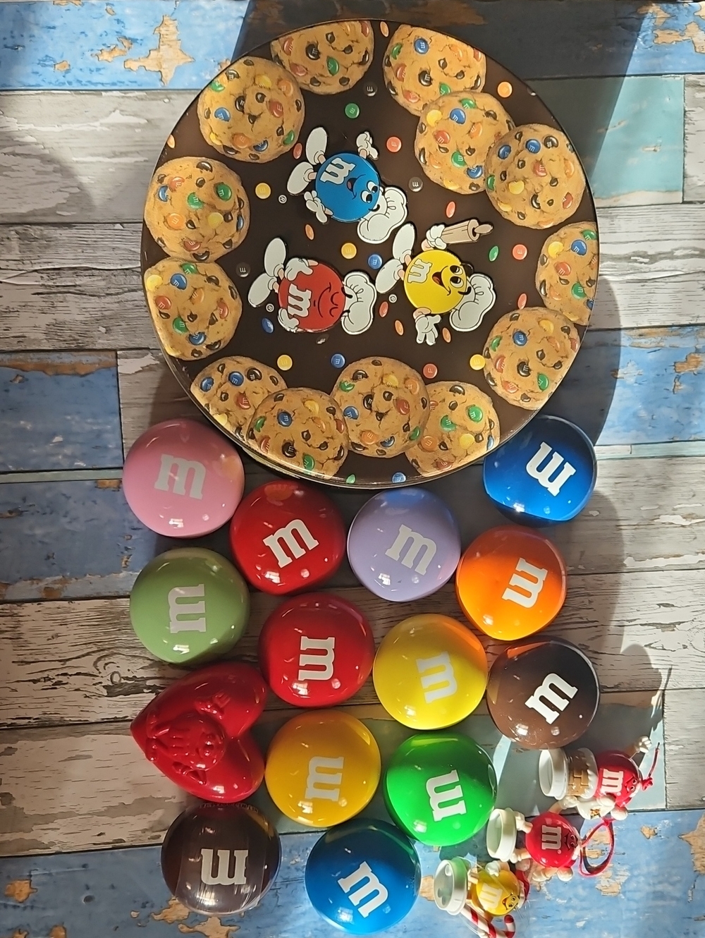Vintage M&M's Metal Cookie Tin and Assorted 3" Mini Tins